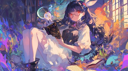 Anime Girl Reading a Book in a Magical Library. Concept of Fantasy, Imagination, and Learning.