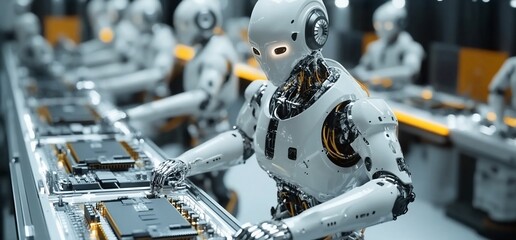 Fototapeta premium Robots assembling electronic components in a high-tech industrial setting.