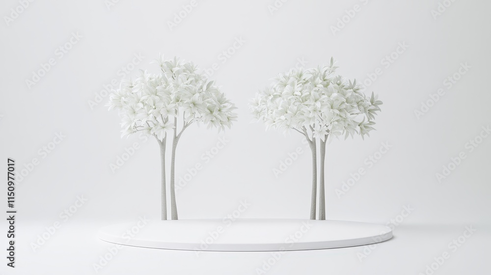 Aufkleber minimalistic scene featuring two white trees on a round platform against a plain background, exuding