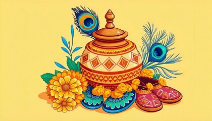 Festive Indian Pot Flowers Peacock Feathers Shoes Illustration