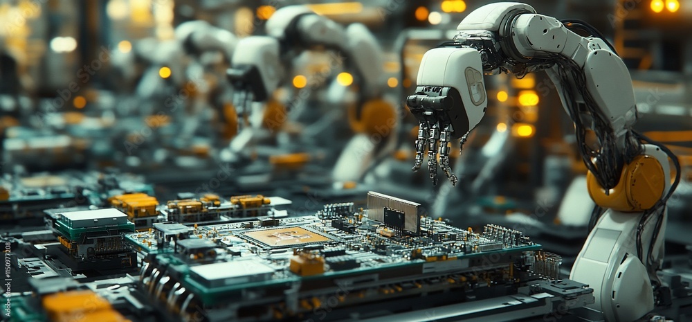 Aufkleber robotic arms assembling electronic components in a high-tech factory setting.