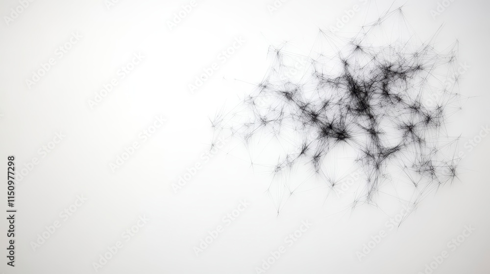 Poster a minimalist abstract design featuring a chaotic arrangement of dark lines and shapes on a white bac