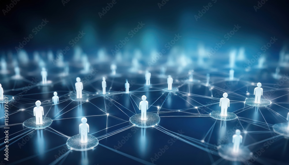 Poster a digital network with glowing human figures interconnected through lines, symbolizing connectivity 