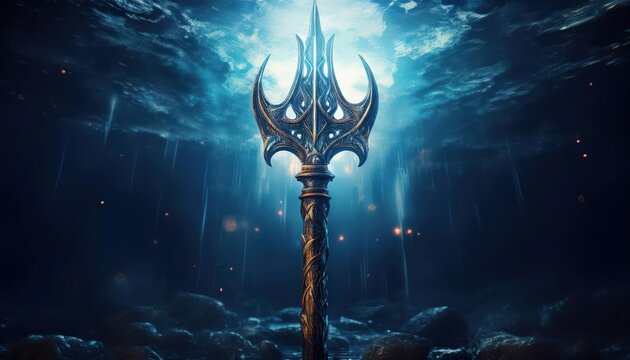A mystical trident glows underwater, surrounded by ethereal light, conveying a sense of power and the allure of the deep sea.