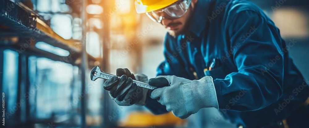 Poster worker measuring material with a caliper in an industrial setting.
