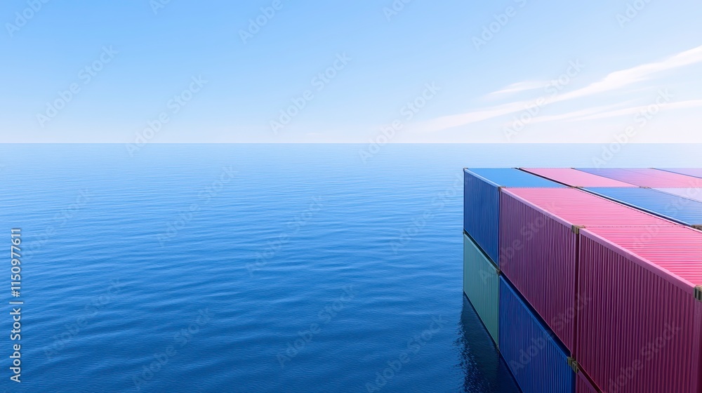 Poster a colorful shipping container partially submerged in calm blue waters under a clear sky.