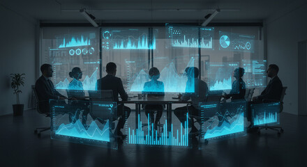 Business Team Meeting Data Analysis Tech Graphs Charts Meeting Room Modern Office Futuristic