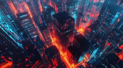 Fototapeta premium Cyberpunk Cityscape: Aerial View of a Futuristic Metropolis at Night