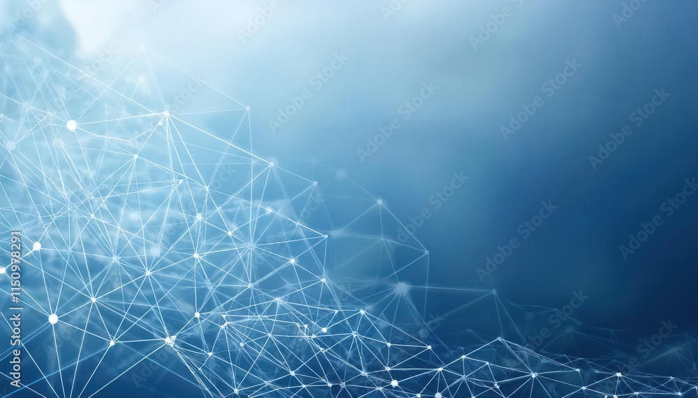 Poster a digital abstract image featuring a network of interconnected lines and nodes against a soft blue b