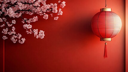 Obraz premium Celebrate the auspicious Chinese New Year with this serene image of cherry blossoms and a traditional lantern on a vibrant red backdrop, perfect for festive invitations.