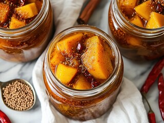 Capturing the essence of mango pickle jars kitchen food photography vibrant environment top view culinary delight