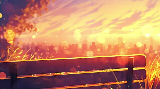 A macro view of a scratched-up park bench armrest the metal&acirc;&euro;&trade;s surface catching the warm glow of the golden hour as the tall skyscrapers and distant trees blur softly behind.. Anime lofi loop
