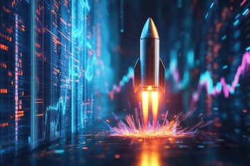 A rocket launch depicted against a digital background with glowing stock market graphs and upward-pointing arrows.