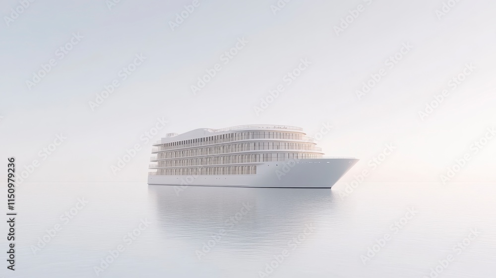 Poster a futuristic ship design featuring a minimalist structure floating serenely on calm water under a br