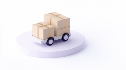 A small delivery truck carrying stacked boxes on a circular base, highlighting logistics and transportation themes in a minimalist style.