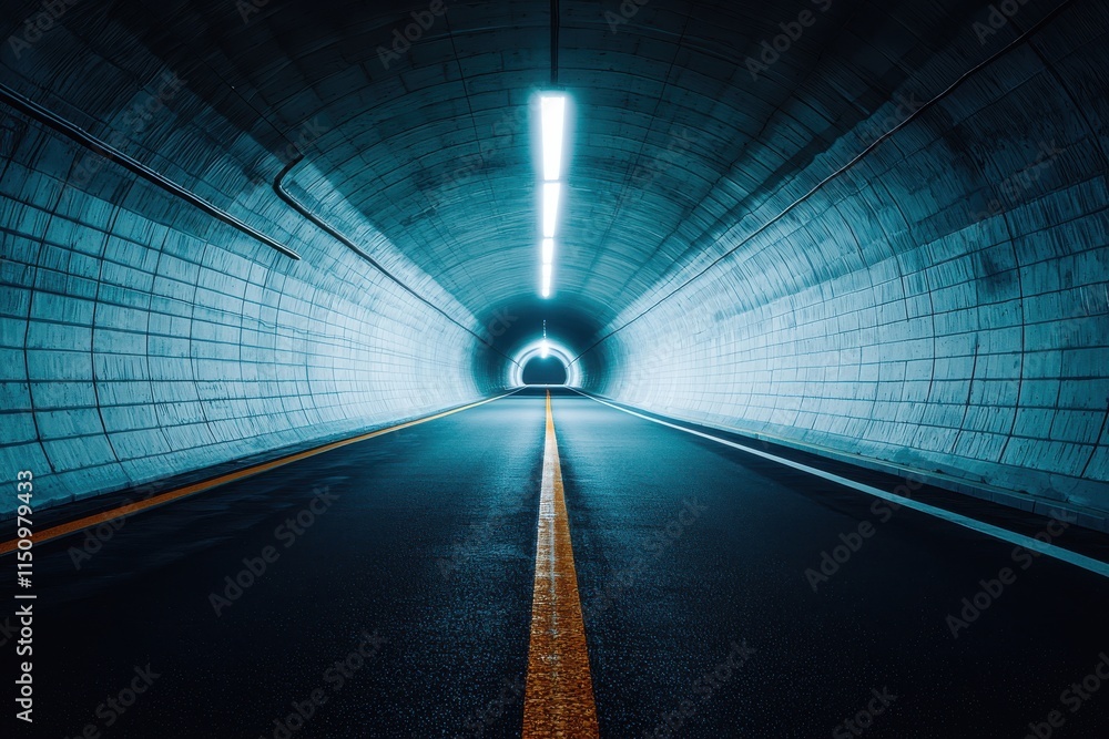 Poster a dimly lit tunnel with bright lights at the end and a double yellow line running down the center, c