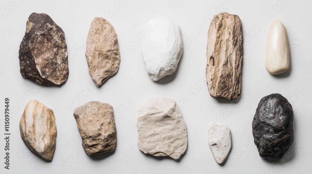 Poster a collection of various stones and rocks displayed in a row, showcasing different textures and color