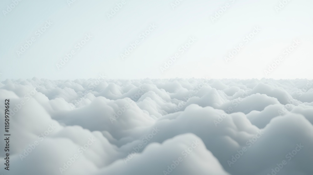 Poster a serene view of fluffy, white clouds floating under a pale sky, creating a tranquil and dreamy atmo