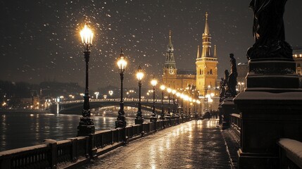 Fototapeta premium Snowfall over a Romantic Cityscape at Night