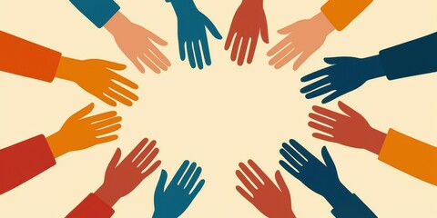 Obraz premium A circle of diverse hands reaching toward a central space, symbolizing unity, collaboration, and community engagement.