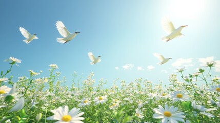 Birds Soaring Above Daisy Field:  A peaceful scene of white doves flying through a bright blue sky above a field of delicate white daisies, capturing the essence of freedom and tranquility. 