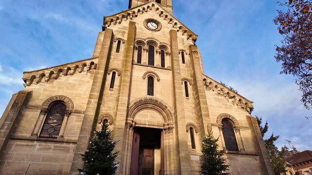 Entrance view about the Church of Saint-Nicolas de Vernonnet with Christmas decorations, Vernon, France.