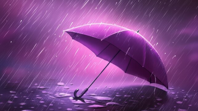 Purple Rain Umbrella: An umbrella stands alone, its purple canopy a beacon of hope against a backdrop of purple rain, evoking feelings of solitude, calm, and resilience.