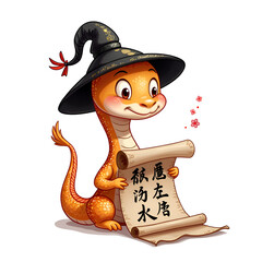 Charming lizard wizard holding a scroll with intriguing symbols and magical elements, digital art of character design concept.