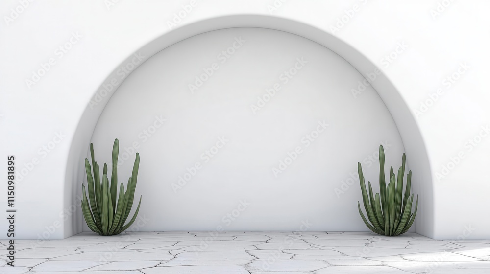 Poster a minimalist architectural space featuring an archway with two cacti on either side, set against a c