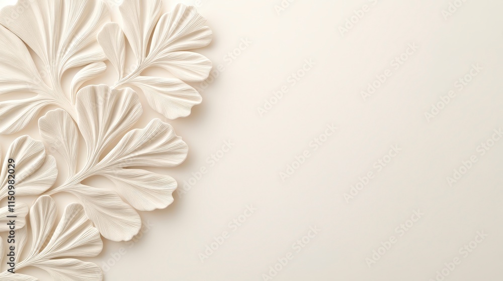 Poster a textured, cream-colored background with intricate leaf patterns, creating a soft and elegant aesth