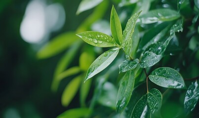 Obraz premium Rain Drops on Lush Green Leaves Cinematic Nature Photography, Generative AIGenerative AI