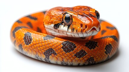 Fototapeta premium Close-up of an orange and black snake coiled on a white background.