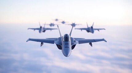 Obraz premium A formation of fighter jets soaring through the sky, showcasing military precision and aerial capability against a backdrop of soft clouds.