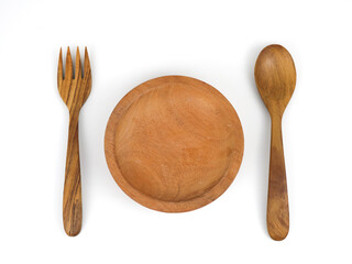 Wooden spoon and fork on a white isolated background.