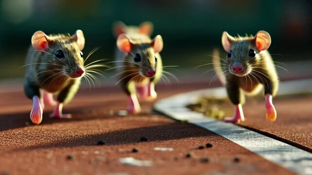 Close-up of mice running on a surface, showing their fur and tiny paws in detail