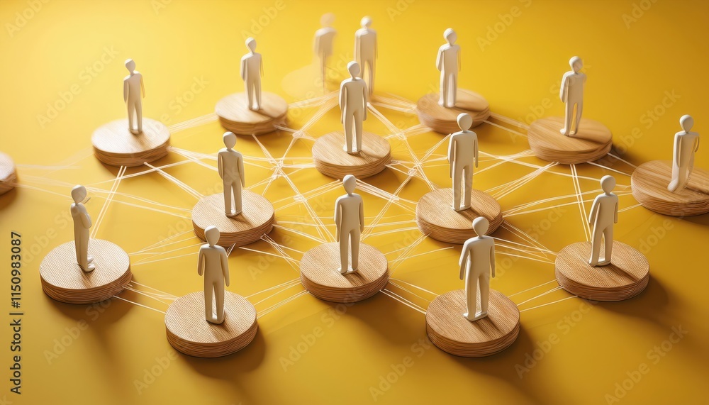 Poster a visual representation of social connections, showcasing figures linked by lines on circular bases 