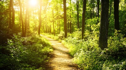 Fototapeta premium A serene winding path through a lush green forest, enveloped by vibrant trees and natural beauty.