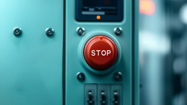 Safety guidelines for manufacturing. Red stop button on a teal control panel.