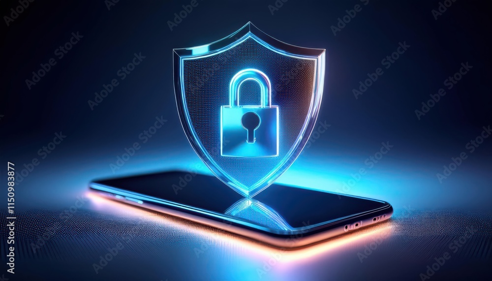 Poster a glowing shield with a padlock is displayed above a smartphone, symbolizing digital security and pr