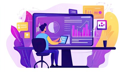 Man analyzing data on large monitor, charts, graphs, and various digital information displayed.