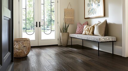 Dark wood floors and clean lines define this modern entryway, complete with a simple bench.
