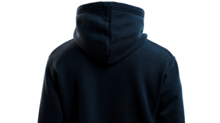 A navy blue sweatshirt with no hood, rear view