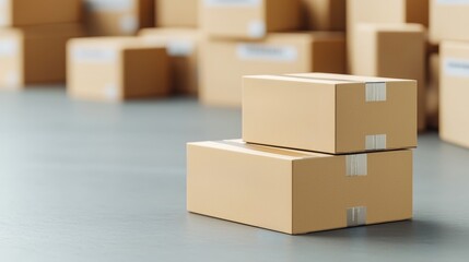 Fototapeta premium Manufacturing on raw material supply. Stacked cardboard boxes on a warehouse floor.