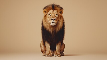 Obraz premium Majestic Lion Sits Majestically on Beige Background,Captivating Intensity Radiates from Its Powerful Presence