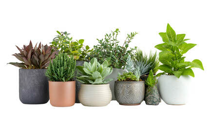 Obraz premium A diverse collection of potted succulents and greenery in various textured and colored pots against a stark black background, displaying a modern minimalist aesthetic,