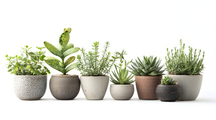 Obraz premium A Collection of Potted Succulents and Herbs in Varied Ceramic Containers, Displayed Against a Clean White Background for Home Décor or Botanical Study