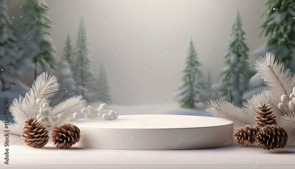 Poster a serene winter scene featuring a blank circular platform surrounded by snow-covered trees and pinec