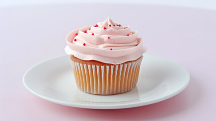 Pink Cupcake with Frosted Frosting on White Plate 