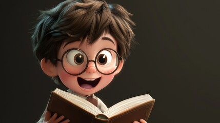 Cheerful Boy Reading Book With Glasses