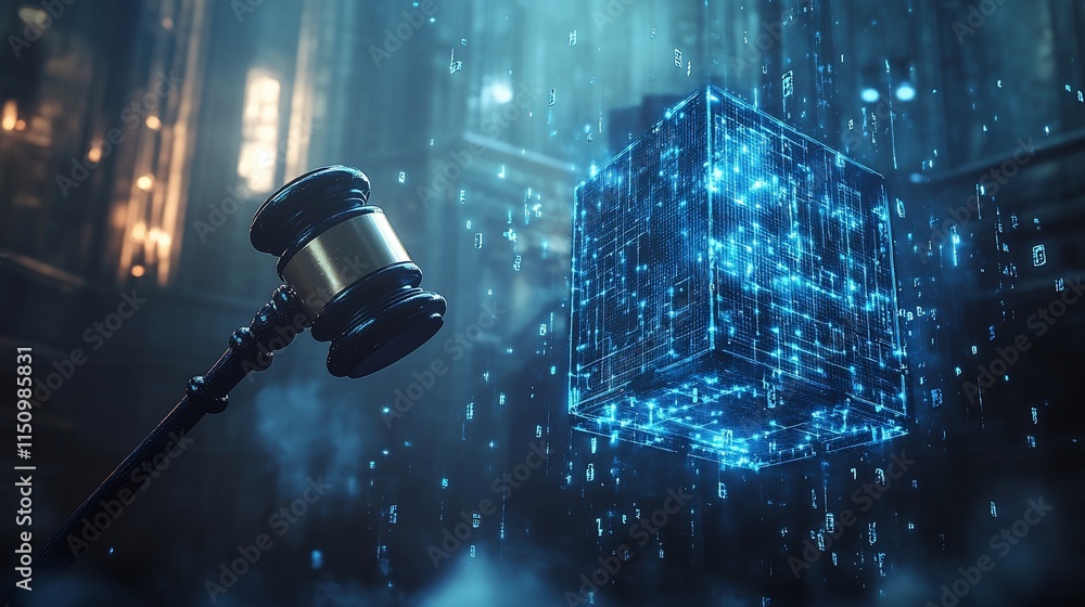 Poster a gavel beside a glowing cube of digital data in a futuristic setting.